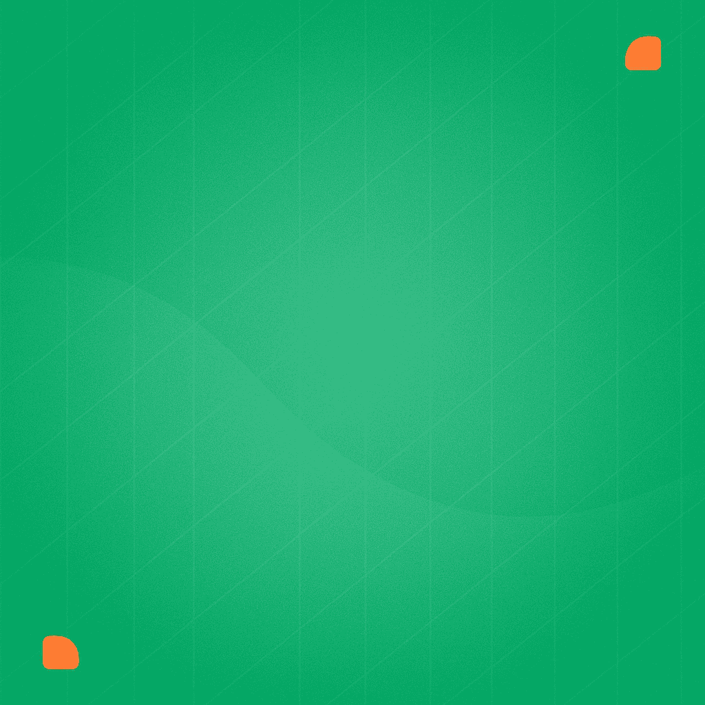 A green background with faint diagonal lines and subtle wave patterns, featuring two small orange rounded squares in the top right and bottom left corners.