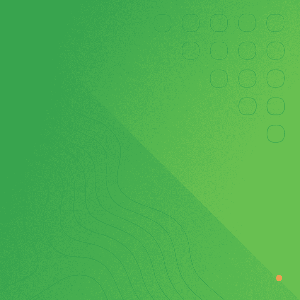 Abstract green background with subtle curved lines on the left and a grid of rounded squares in the upper right corner. A small orange dot appears near the bottom right. The design is minimal and geometric.