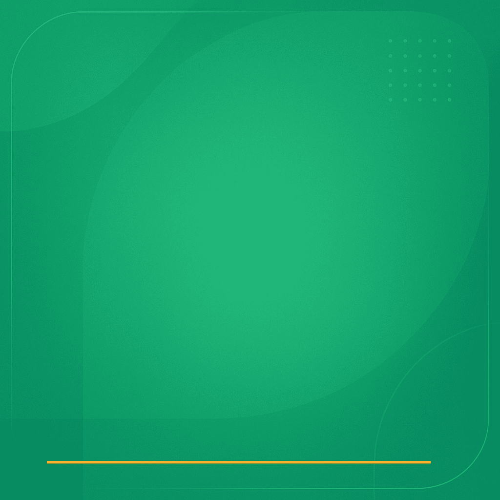 Green abstract background with soft curved shapes, thin outlined corners, a grid of small white dots in the upper right, and a thin yellow horizontal line near the bottom.