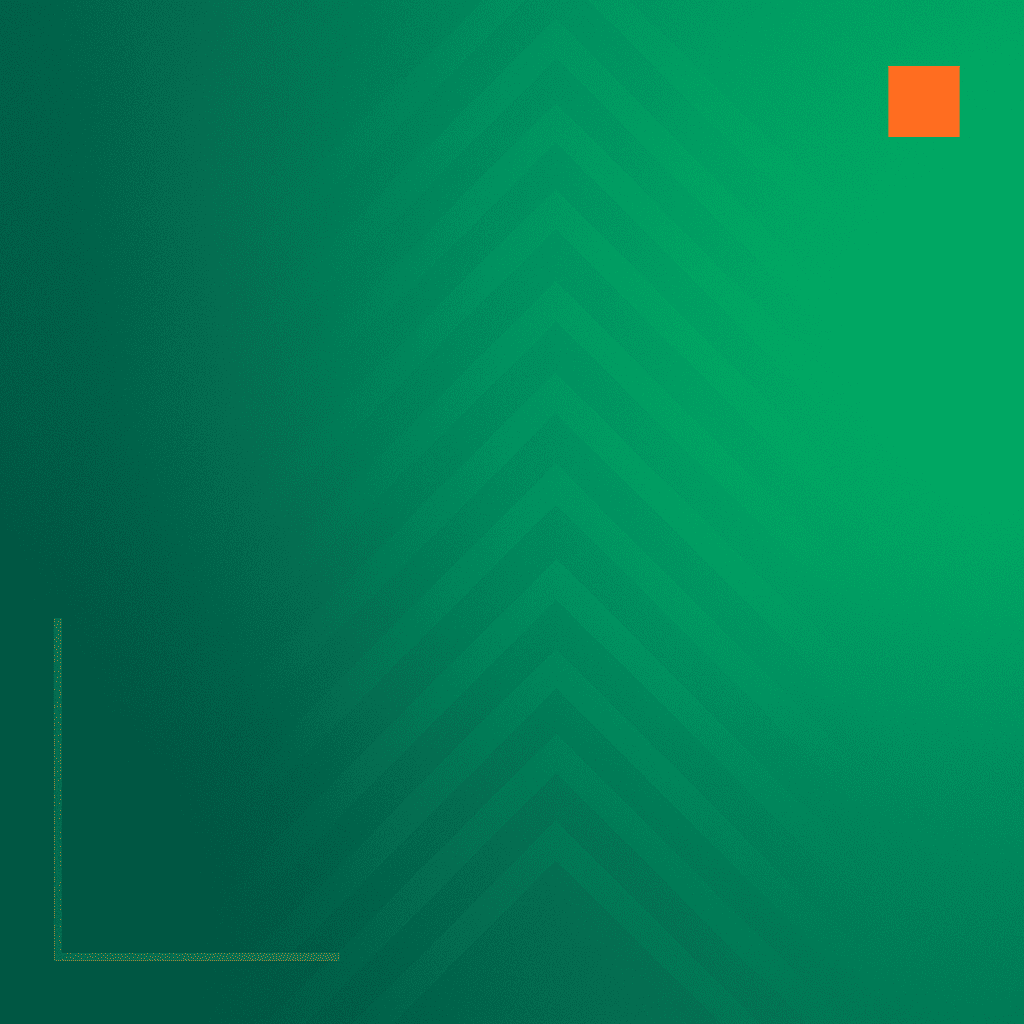 A green gradient background with subtle chevron patterns, a small orange square in the upper right corner, and two thin gray lines forming an L-shape in the lower left corner.