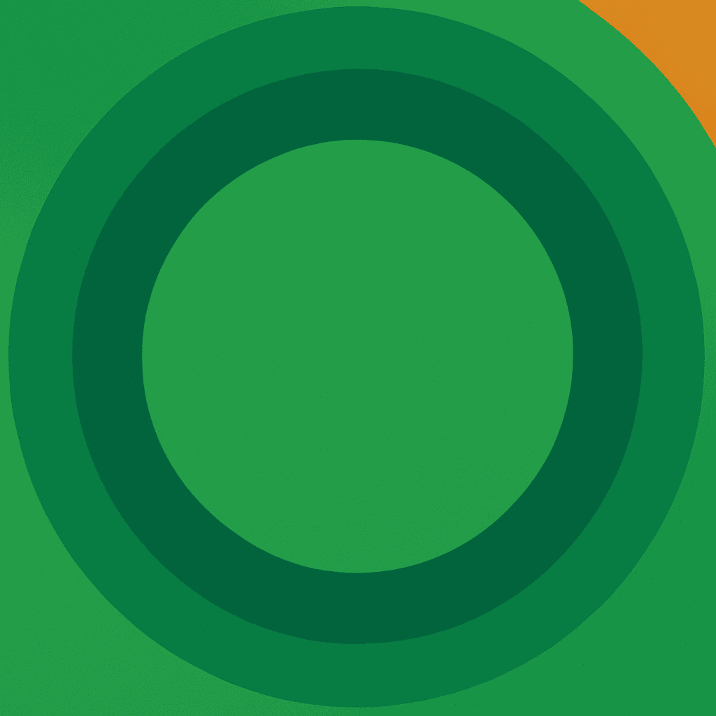 Three concentric green circles on a green background, with a curved orange segment in the upper right corner. The circles create a sense of depth and symmetry.