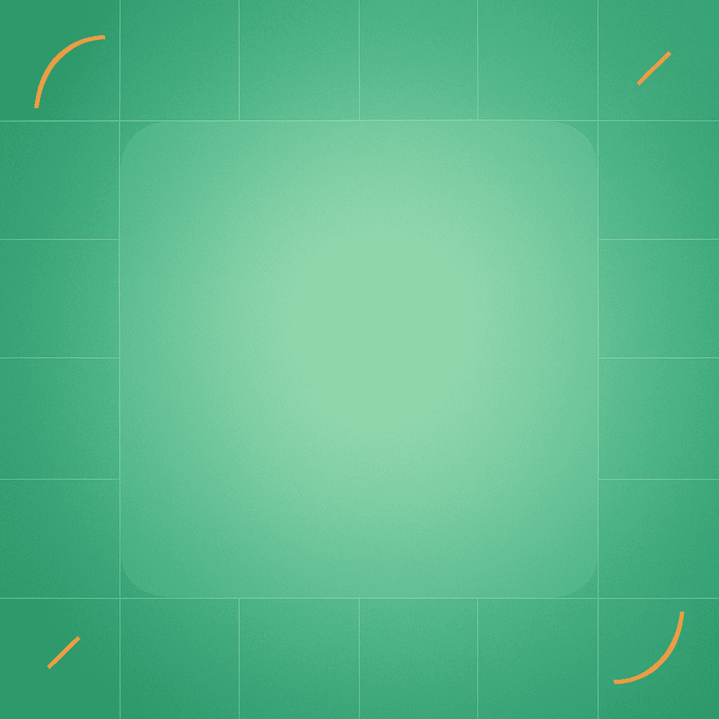 A green square grid background with a lighter green rounded square in the center and four orange curved lines in the corners.