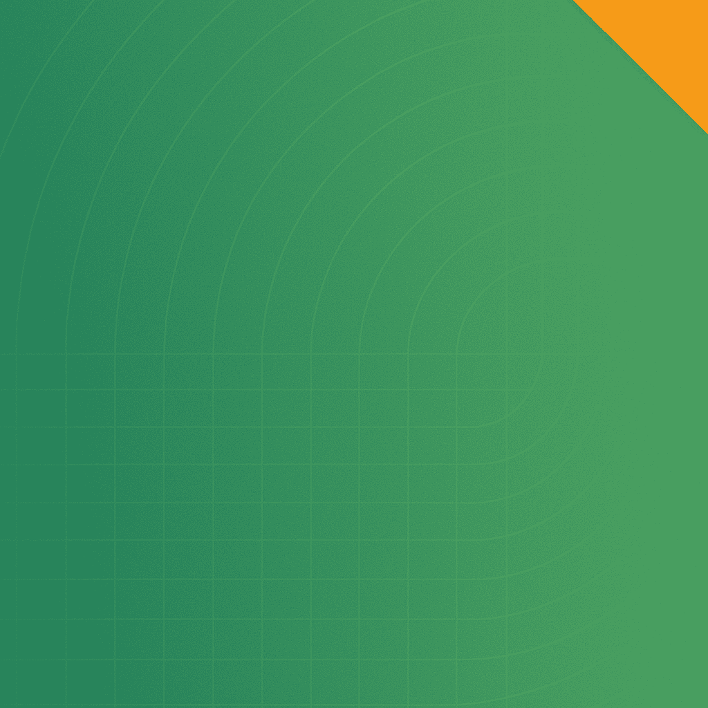 Green background with a subtle grid and concentric circles pattern; a solid orange triangle fills the top right corner.