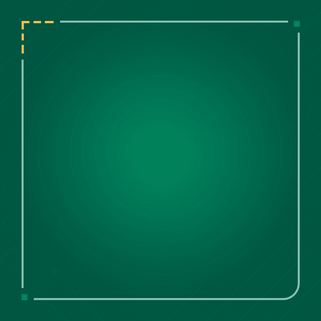 A green background with a faint circular gradient and concentric circles. The border is a thin, rounded rectangle with solid white lines, except for the upper left corner, which has a short dashed yellow line segment.