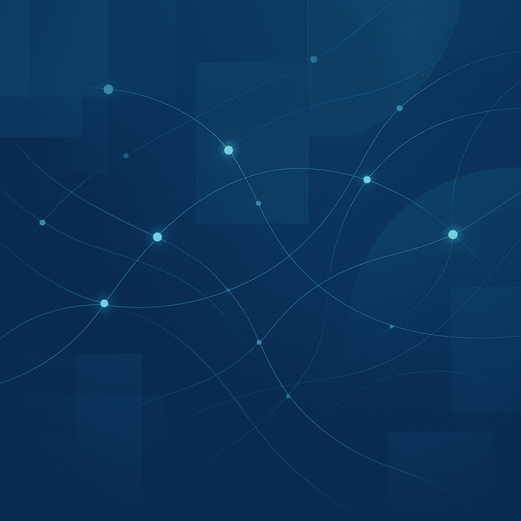 Abstract digital background with various overlapping blue rectangles and curved lines intersecting, featuring small glowing dots at several intersections, evoking connectivity and flow—perfect for webinar visuals or topics like EUDAMED compliance.