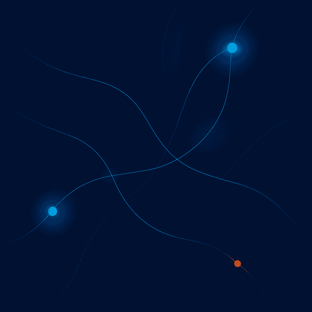 A dark blue background with three glowing dots—two blue and one orange—connected by curved, intersecting lines, resembling a network or abstract digital connections.