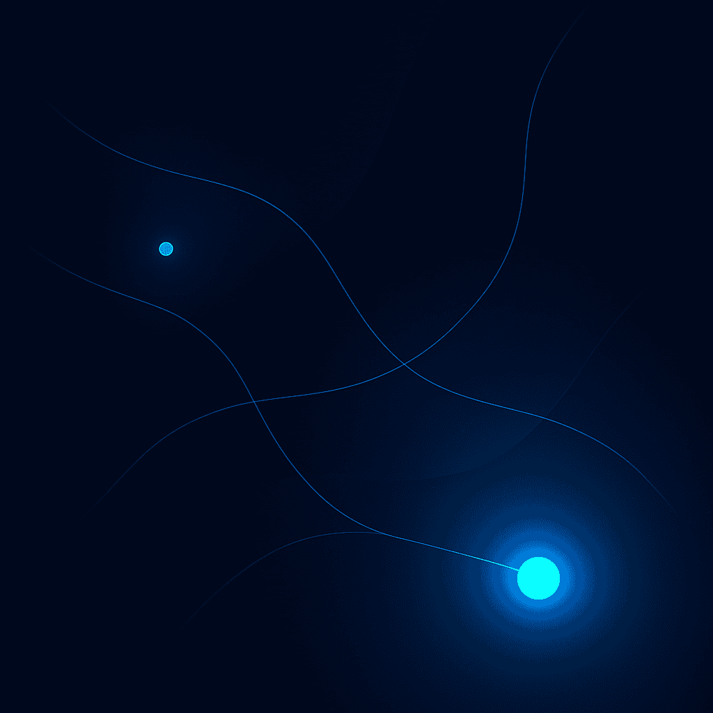 A dark abstract background with two glowing blue dots connected by thin, curved lines, creating a sense of movement and flow.