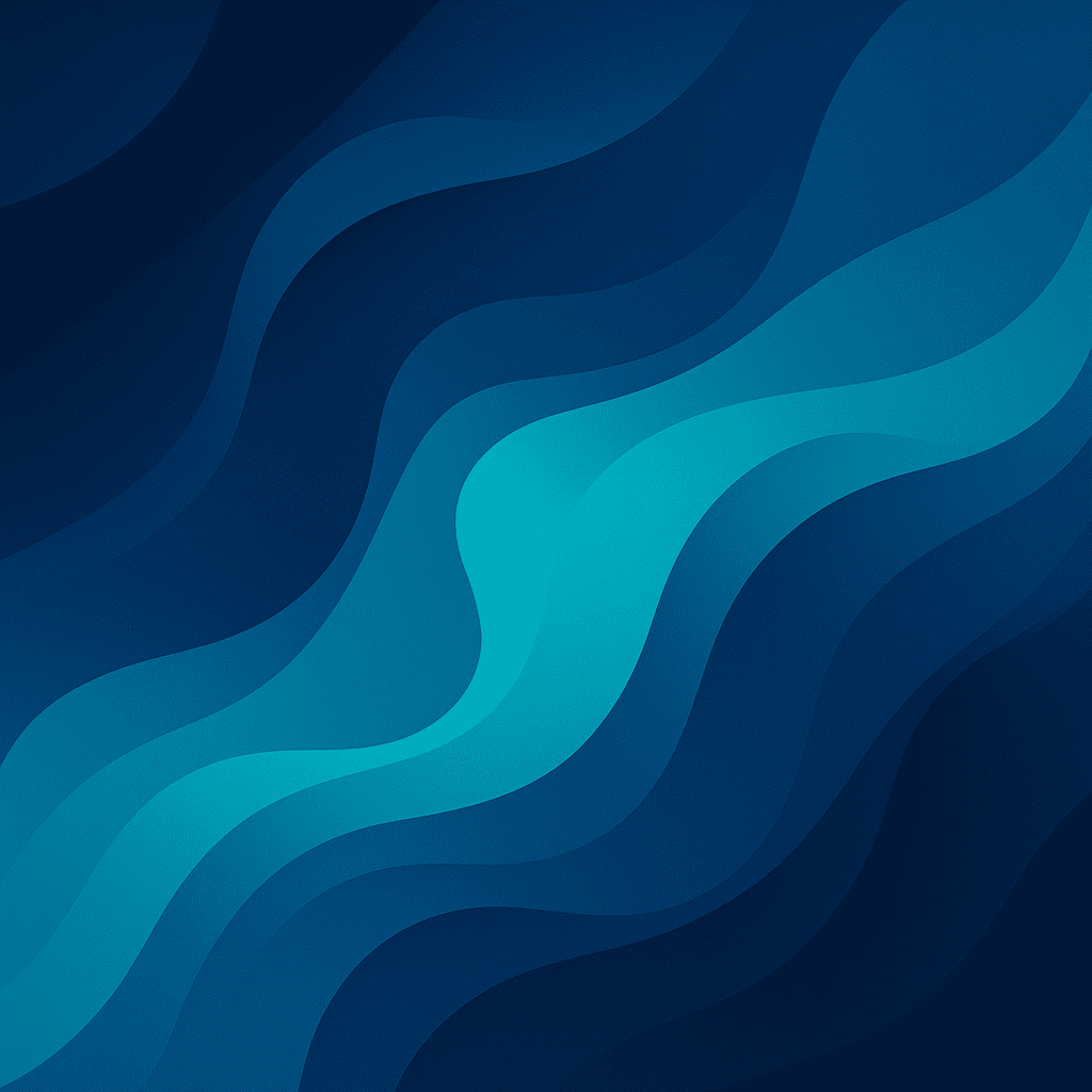 Abstract image featuring layered, wavy shapes in various shades of blue, creating a fluid, flowing pattern that resembles waves or topographical lines. The center highlights a bright, teal blue.