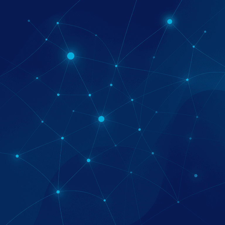 Abstract digital network with interconnected glowing blue nodes and thin lines on a dark blue gradient background, representing data connections, technology, or communication within the medical devices sector and EUDAMED compliance for manufacturers.