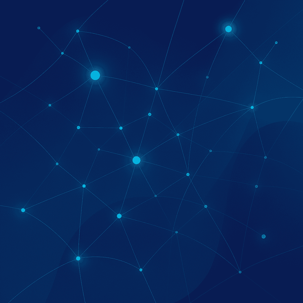 Abstract digital network with interconnected glowing blue nodes and thin lines on a dark blue gradient background, representing data connections, technology, or communication within the medical devices sector and EUDAMED compliance for manufacturers.