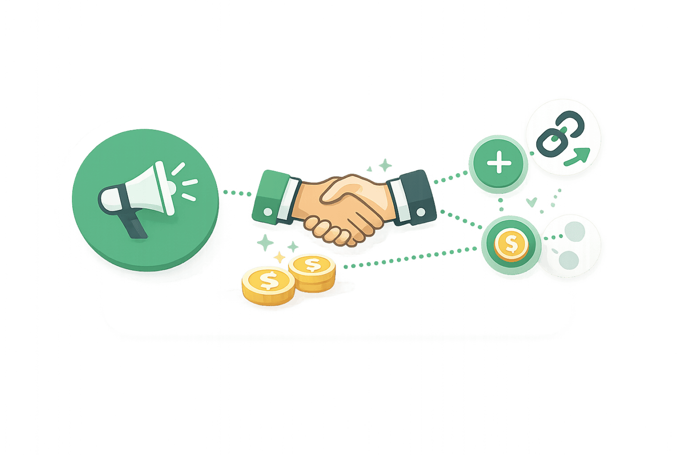 Illustration of a megaphone, coins, and two hands shaking, with icons for money, add, and share, representing business partnership, marketing, and financial growth.