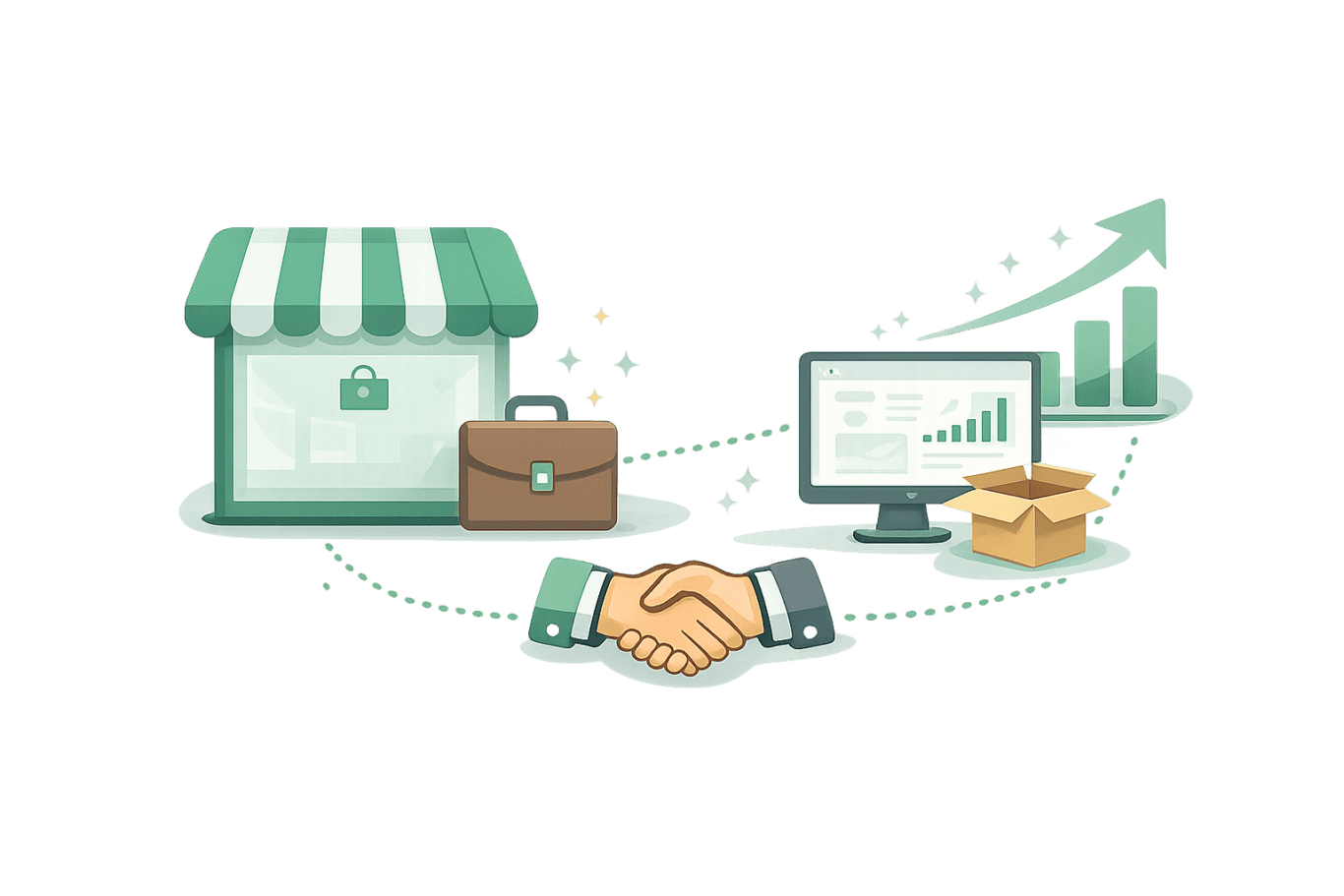 Illustration of a small storefront, briefcase, handshake, computer with charts, and an open box, representing business growth, online sales, and partnership success with an upward-trending graph in the background.