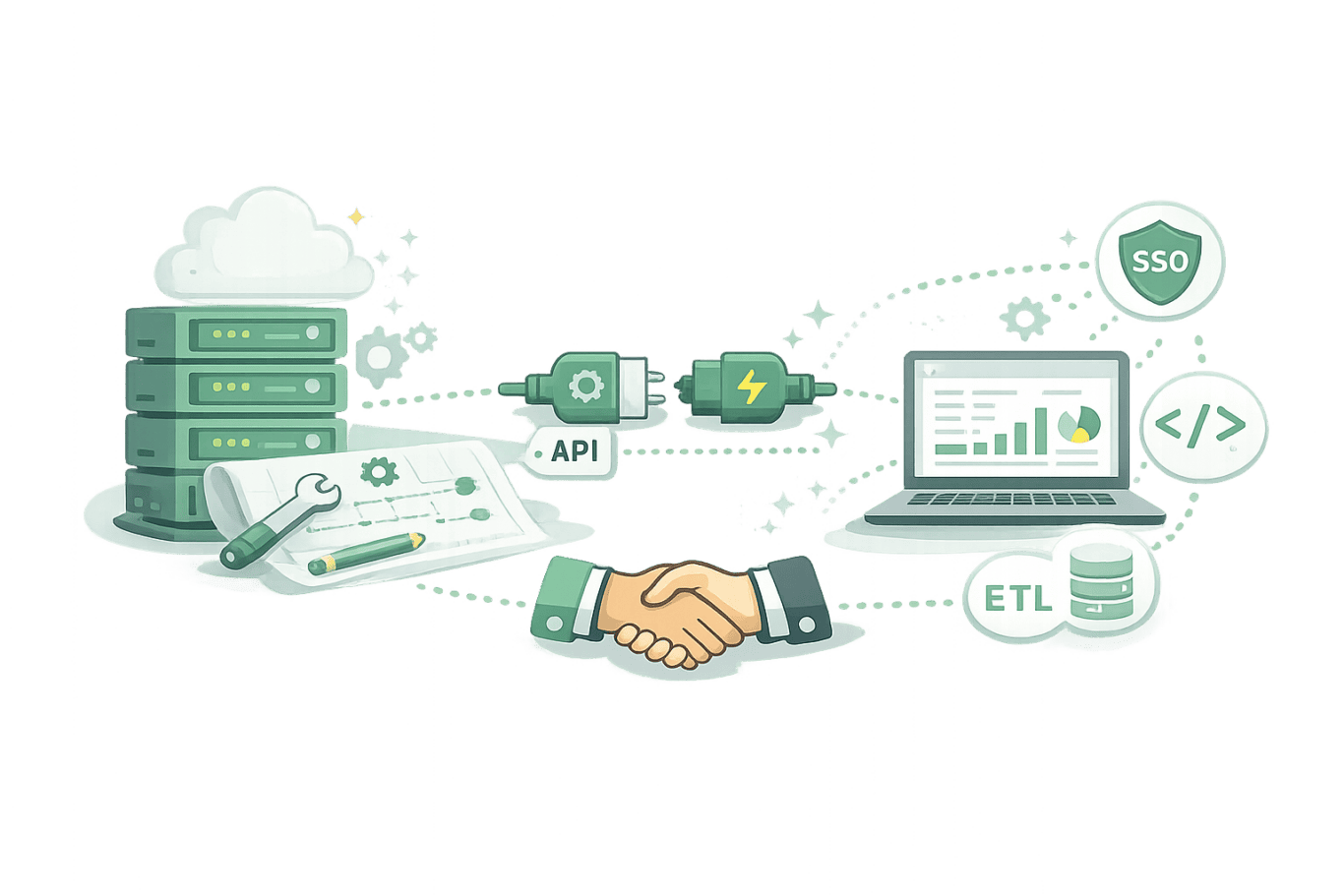 Illustration showing server stacks, API and ETL processes, a laptop with charts, security icons like SSO, a data flow, and a handshake representing integration and secure collaboration in software development.
