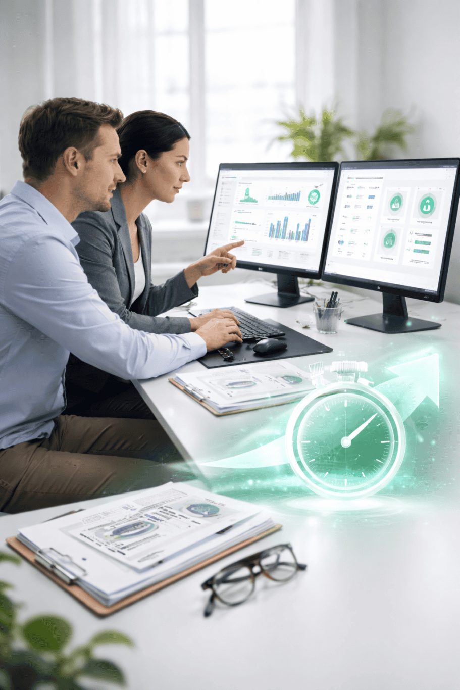 A man and woman in business attire analyze data on dual monitors in a bright office. Charts and graphs are visible on the screens. A digital stopwatch graphic and arrow overlay symbolize speed and efficiency.