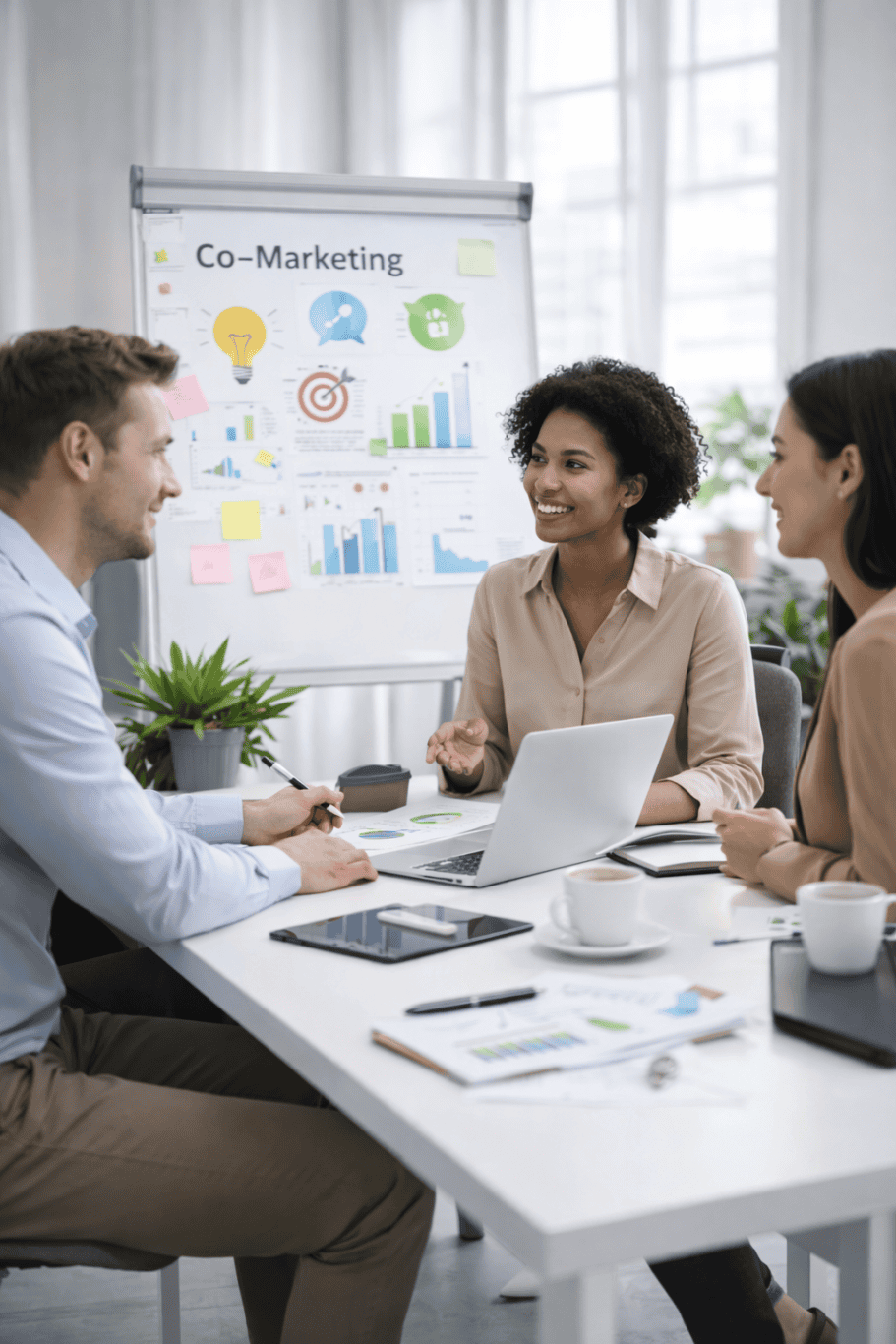 Three people sit around a table with laptops and documents, discussing in a bright office. Behind them, a flip chart displays “Co-Marketing” and various charts and illustrations.