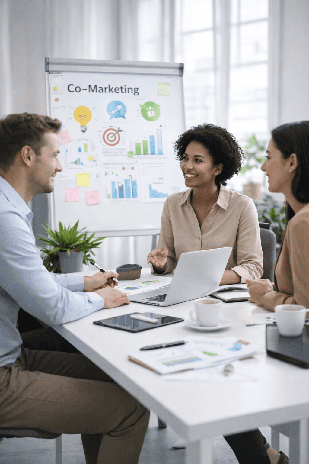 Three people sit around a table with laptops and documents, discussing in a bright office. Behind them, a flip chart displays “Co-Marketing” and various charts and illustrations.
