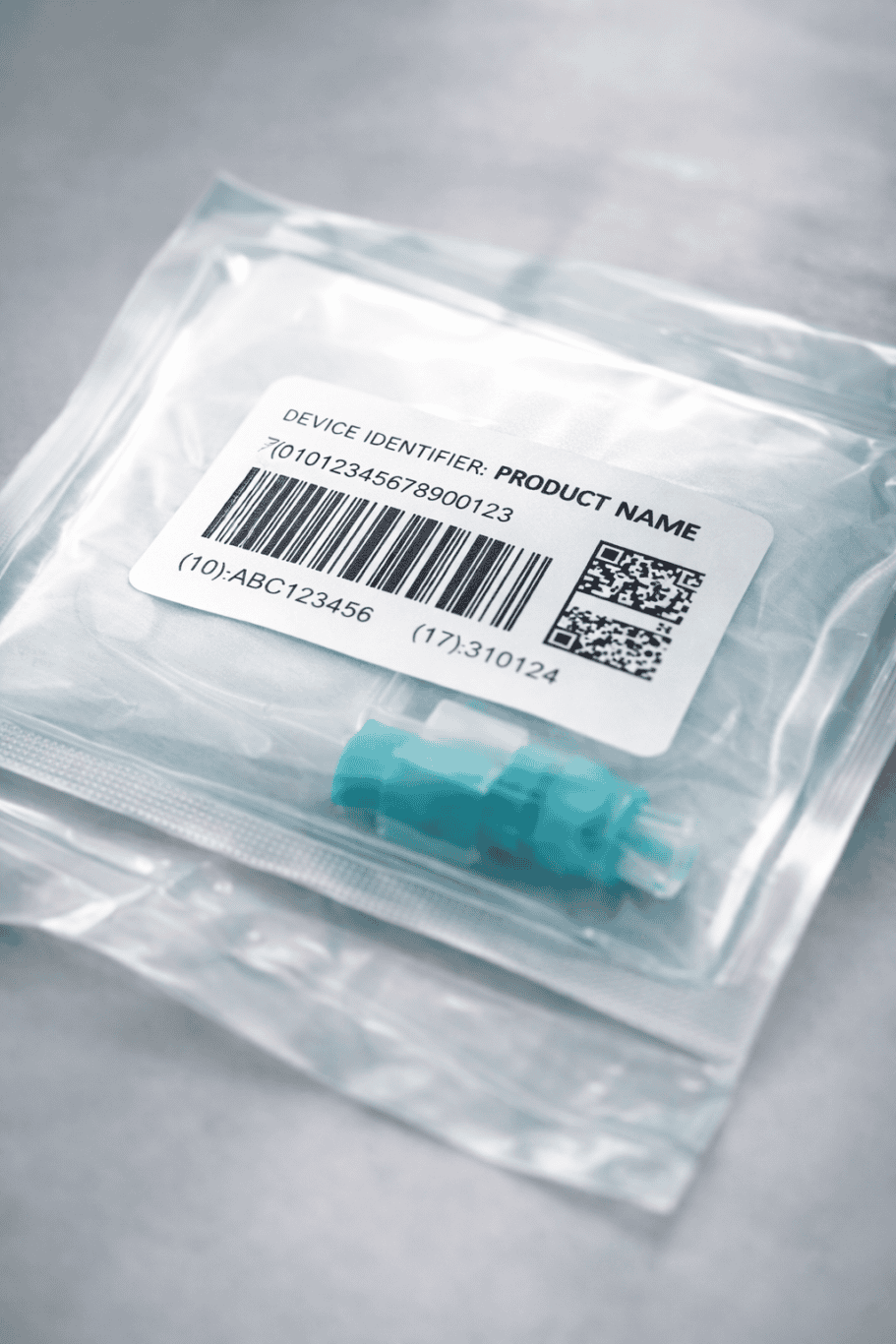 A sealed transparent plastic package containing a small blue medical device, labeled with a barcode, QR code, and product identification information on a white sticker.
