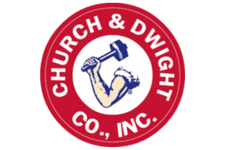Arm wrestling logo for Church & Dwight Co., Inc. with a muscular arm illustration inside a red circl.