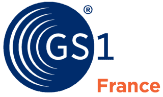 Logo of GS1 France featuring a blue circle with white concentric arcs and the letters "GS1" in the center. The word "France" is written in orange at the bottom right.