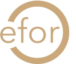 A stylized logo featuring the word "efor" in lowercase letters. The text is encircled by a curved line that starts thick on the left and gradually thins out as it curves to the right, creating a partial ring around the letters. The design is in a muted gold color.
