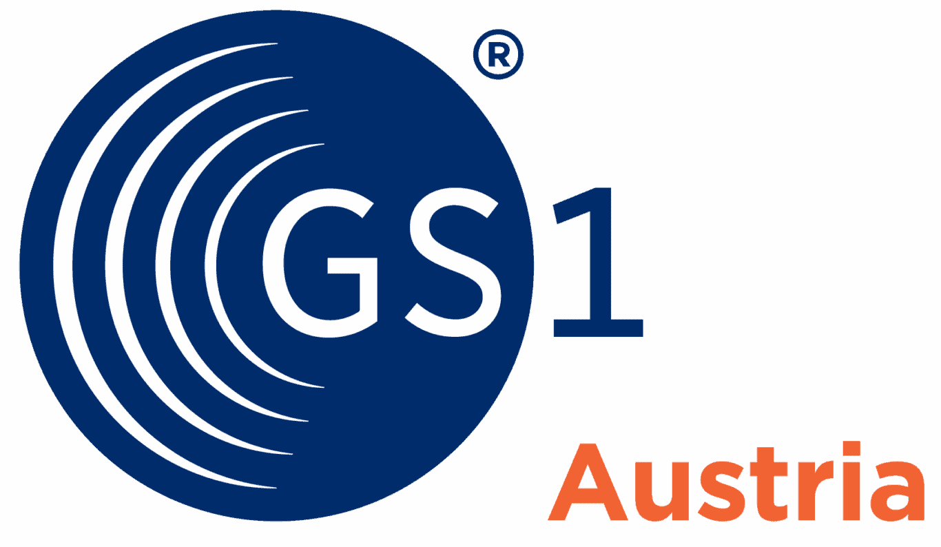 GS1 Austria logo with a blue circle featuring white curved lines and the text "GS1" in white and blue. "Austria" in orange sits below and right of the circle, representing trusted identification for medical devices and manufacturers.