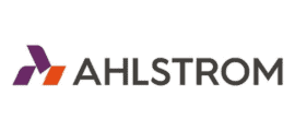 AHLSTROM logo with stylized purple and orange geometric shapes to the left of the company name in bold gray letters.