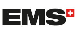 The EMS logo features bold black letters "EMS" followed by a red square with a white cross inside, resembling the Swiss flag.