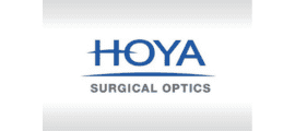 Hoya Surgical Optics logo featuring the word "HOYA" in blue capital letters above a blue horizontal line, with "SURGICAL OPTICS" in gray capital letters below.