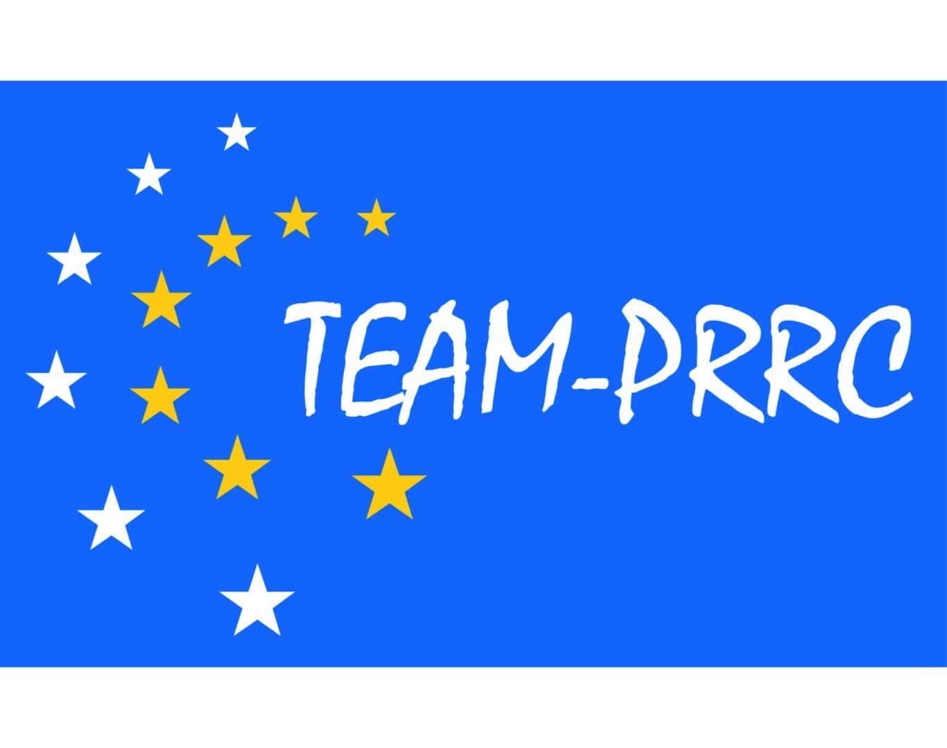 A blue flag with white and yellow stars arranged in a semi-circle on the left and the text "TEAM-PRRC" in large white letters on the right.