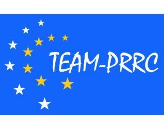 A blue flag with white and yellow stars arranged in a semi-circle on the left and the text "TEAM-PRRC" in large white letters on the right.