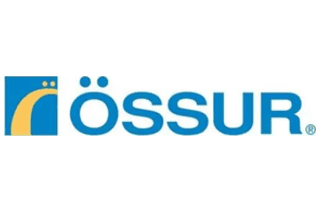Ossur logo with blue and yellow design elements.