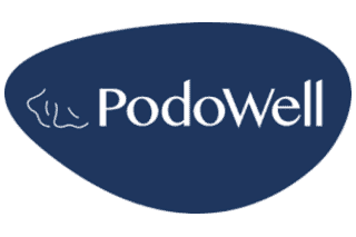 PodoWell logo with stylized foot icon on a dark blue oval background.