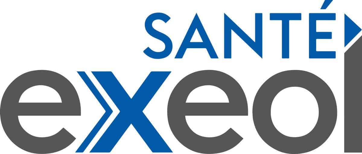 Logo for Exeo Santé, featuring the word "exeo" in large gray and blue letters with a stylized blue 'X,' and "SANTÉ" in blue uppercase letters above to the right.