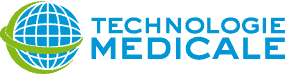 Logo with a blue globe grid wrapped by a green swoosh on the left, and the words "TECHNOLOGIE MEDICALE" in blue capital letters on the right.