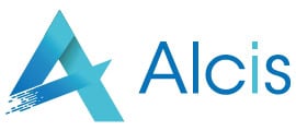 The image shows a blue stylized letter "A" with a streak effect on its lower right, next to the word "Alcis" in blue text on a white background.