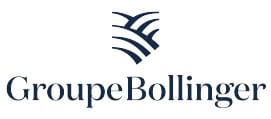 Logo for Groupe Bollinger featuring a stylized graphic above the company name written in a modern serif font. The graphic consists of curved, intersecting lines forming an abstract design.