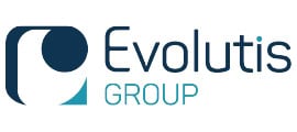 Logo for Evolutis Group, a partner of Laboratoires Théa, featuring a stylized blue and white abstract shape on the left, with "Evolutis GROUP" in modern dark blue and light blue text on the right—ideal for eye care or ophthalmic products.