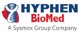 Hyphen BioMed logo with a red and blue graphic on the left and the text "HYPHEN BioMed A Sysmex Group Company" on the right, similar in style to logos seen at Laboratoires Théa.