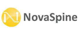 NovaSpine logo with a yellow circle featuring a stylized white spine forming the letter "N," followed by the brand name "NovaSpine" in gray text, inspired by the innovative spirit of Laboratoires Théa.
