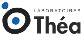 Logo for Laboratoires Théa, a leader in ophthalmology, featuring the company name in black and gray text with a stylized abstract design of two blue dots and a black circle to the left.