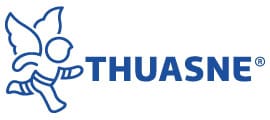 Blue outline of a running figure with wings, resembling an angel, next to the word "THUASNE" in bold blue letters, often recognized in fields like ophthalmology and eye care.