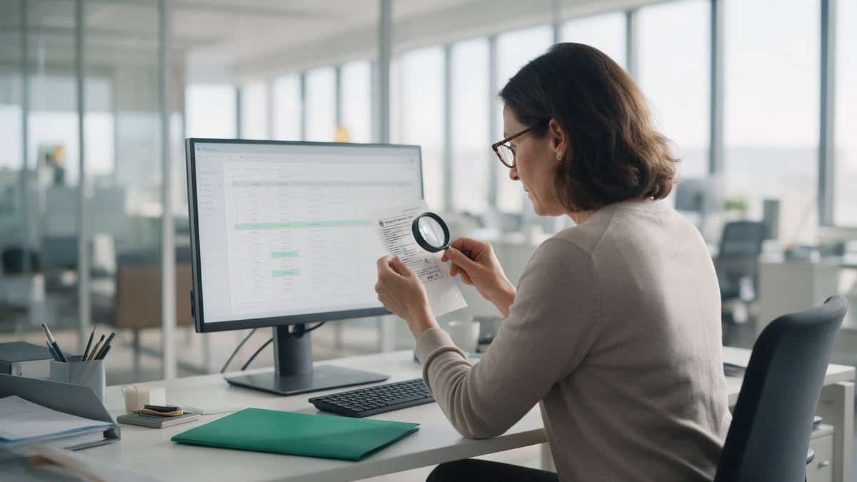 Regulatory affairs analyst reviewing device registration data on screen.