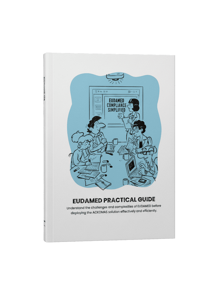 EUDAMED Practical Guide cover with medical device professionals discussing compliance strategies.