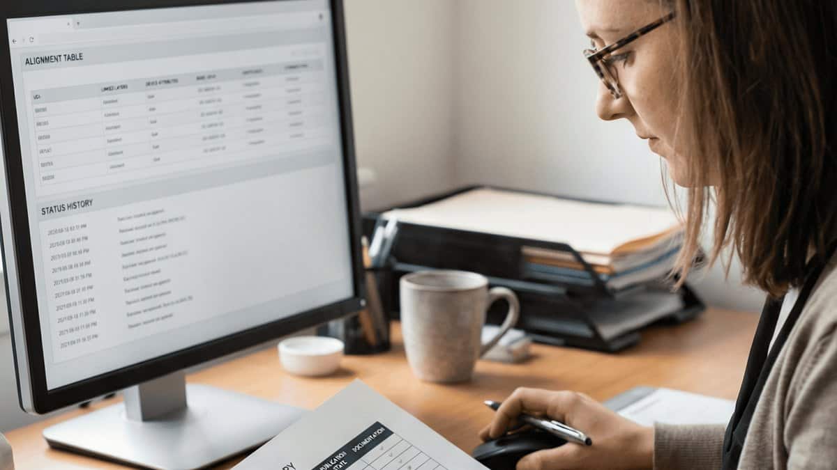 Regulatory professional reviewing medical device compliance data on computer.