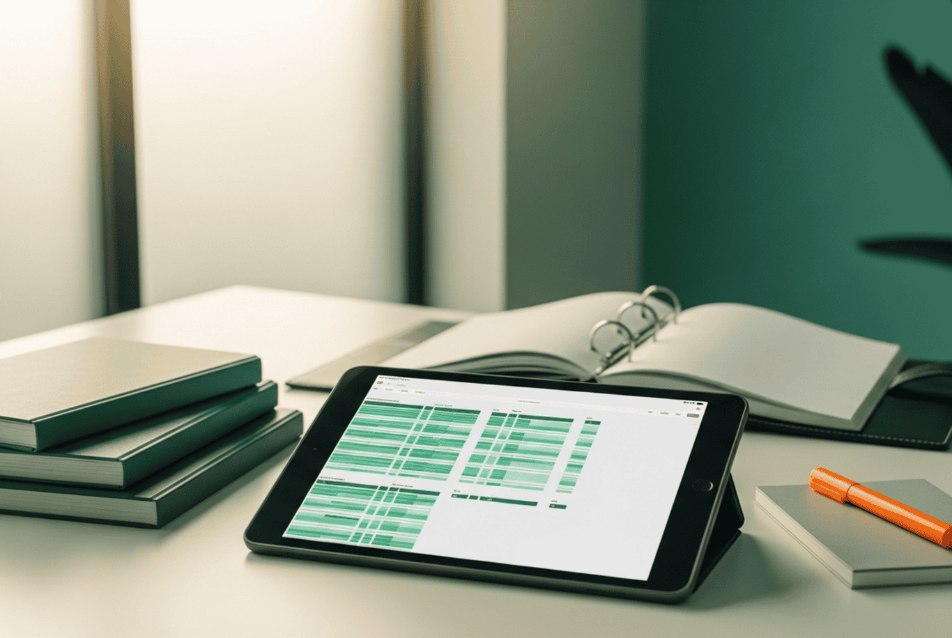 Digital tablet displaying regulatory compliance data on a modern office desk.