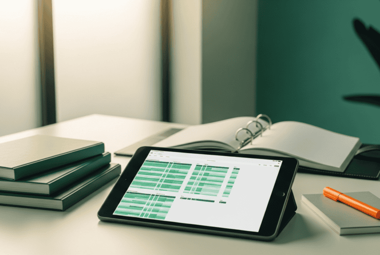 Digital tablet displaying regulatory compliance data on a modern office desk.