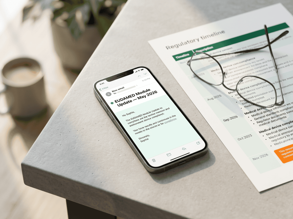 A smartphone displaying an email about an EU medical regulation update rests on a table next to eyeglasses, a printed regulatory timeline, and a cup of coffee.