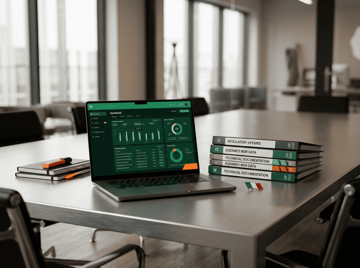 A laptop displaying data dashboards sits on a conference table beside stacked binders labeled “Regulatory Affairs,” “EduAMAC MDR Data,” “Technical Documentation,” and notebooks, reflecting MDR compliance in a modern Santex Spa office meeting room.