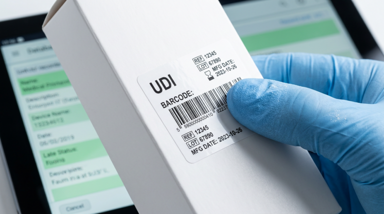 A gloved hand holds a white box with a UDI barcode label, displaying product information and manufacturing date, in front of a blurred computer screen showing a form—essential for regulatory data governance and GUDID compliance.