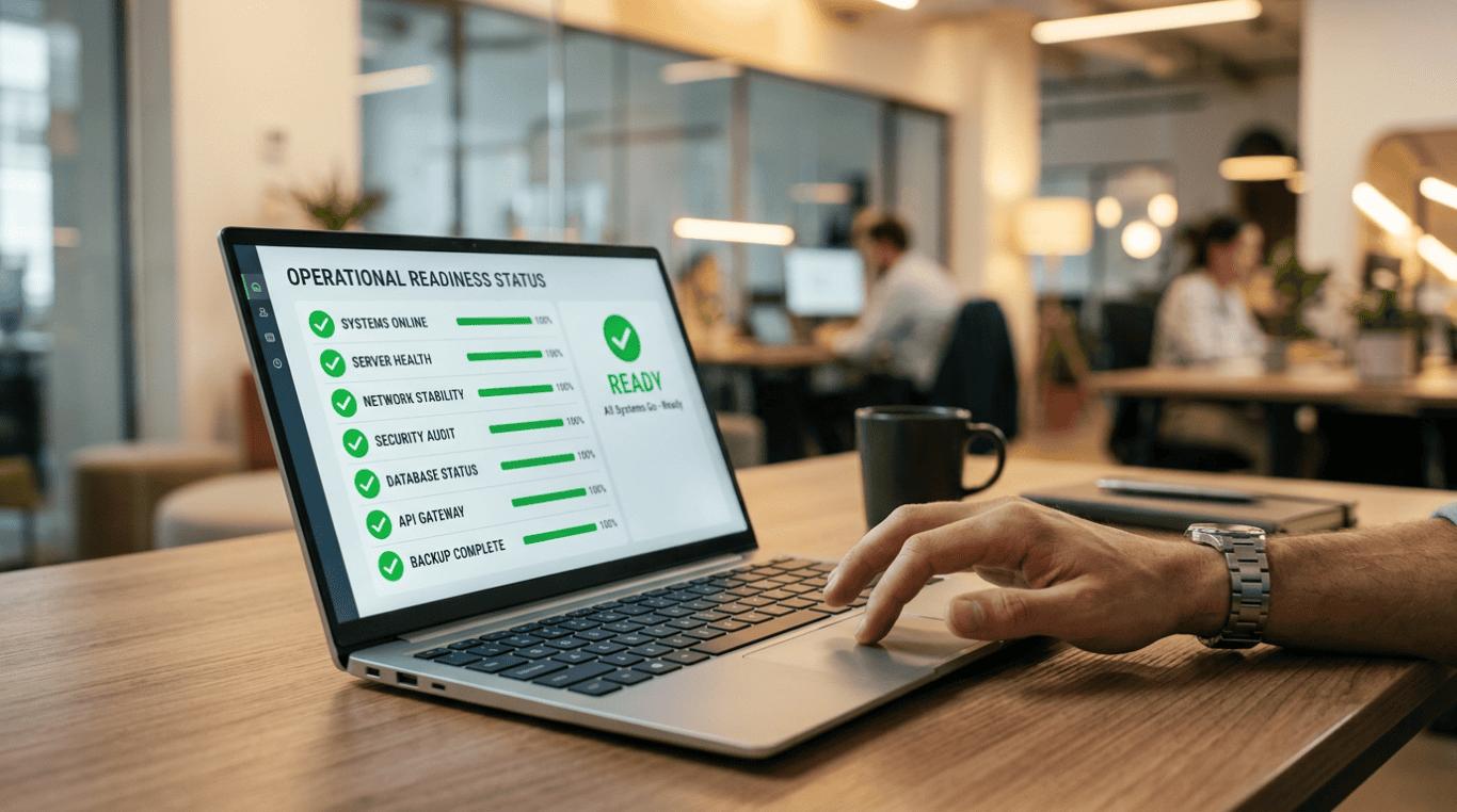 A person uses a laptop displaying an "Operational Readiness Status" dashboard with green check marks, showing all systems are ready to passer en production. The modern office hints at the team's focus on conformité and upcoming EUDAMED 2026 requirements.